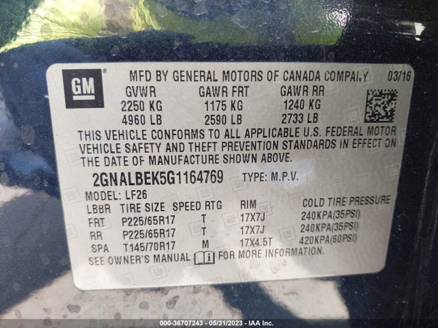 2016 CHEVROLET EQUINOX LS VIN: 2GNALBEK5G1164769