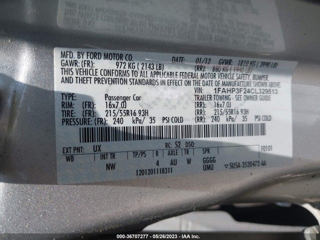 2012 FORD FOCUS SE VIN: 1FAHP3F24CL329513