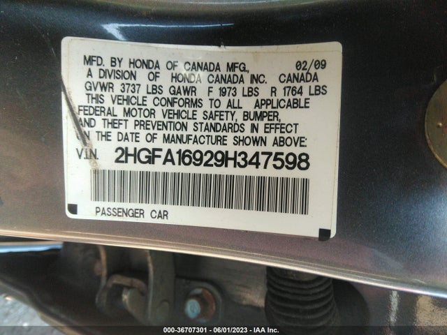 2009 HONDA CIVIC SDN EX-L VIN: 2HGFA16929H347598