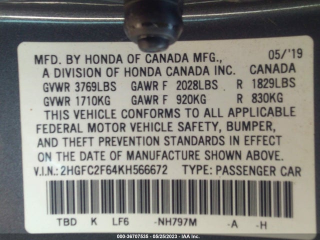 2019 HONDA CIVIC SEDAN LX VIN: 2HGFC2F64KH566672