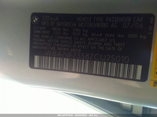 36707543 :رقم المزاد ، WBANF73587CU25010 vin ، 2007 Bmw 5 Series 530xi مزاد بيع