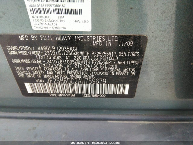 2010 SUBARU FORESTER 2.5X LIMITED VIN: JF2SH6DC2AH759679