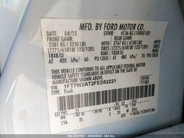 1FT7W2AT2FED52221 Ford Super Duty F-250 Srw Xl/xlt/lariat/king Ranch