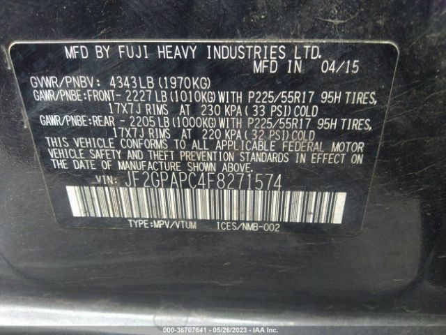 JF2GPAPC4F8271574 Subaru Xv Crosstrek Limited
