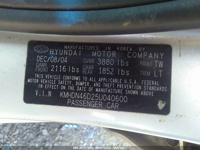 2005 HYUNDAI ELANTRA GLS/GT VIN: KMHDN46D25U040600