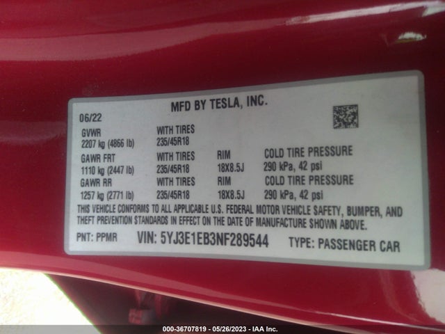 Tesla Model 3 Long Range 2022 5YJ3E1EB3NF289544 Image 12