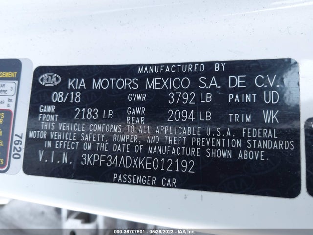 2019 KIA FORTE S VIN: 3KPF34ADXKE012192