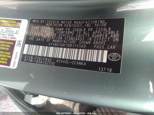 2009 TOYOTA CAMRY VIN: 4T4BE46K19R114560