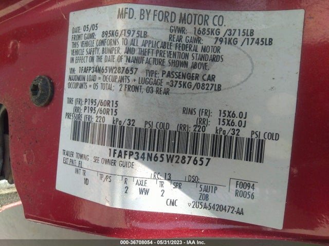2005 FORD FOCUS S/SE/SES VIN: 1FAFP34N65W287657