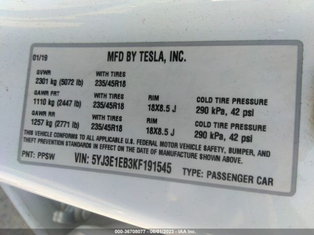 Tesla Model 3 Long Range/performance 2019 5YJ3E1EB3KF191545 Image 11