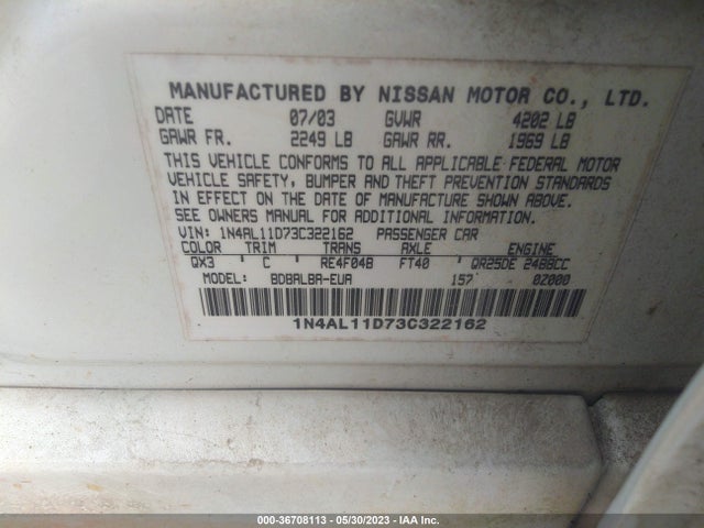2003 NISSAN ALTIMA S VIN: 1N4AL11D73C322162
