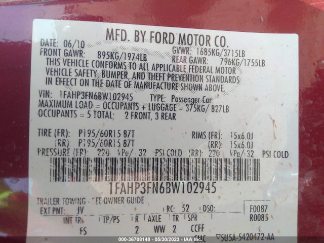 2011 FORD FOCUS SE VIN: 1FAHP3FN6BW102945