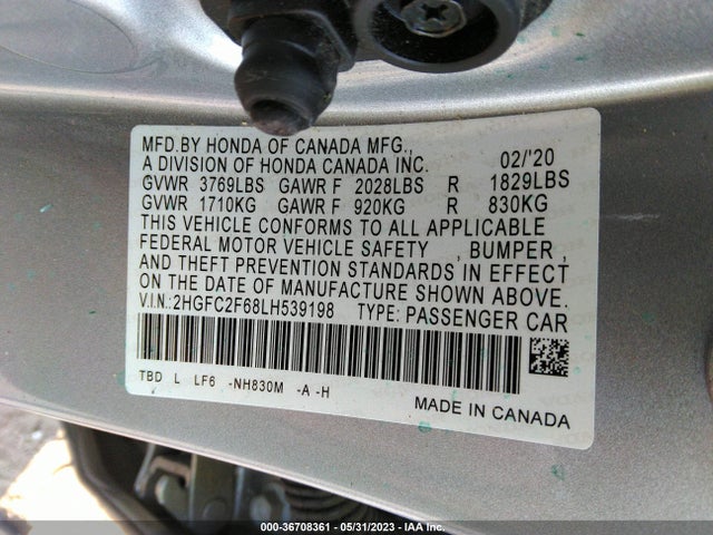 2020 HONDA CIVIC SEDAN LX VIN: 2HGFC2F68LH539198