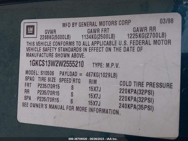 1998 GMC JIMMY SLE VIN: 1GKCS13W2W2555210