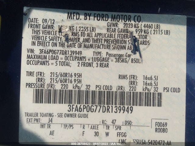 2013 FORD FUSION S VIN: 3FA6P0G77DR139949