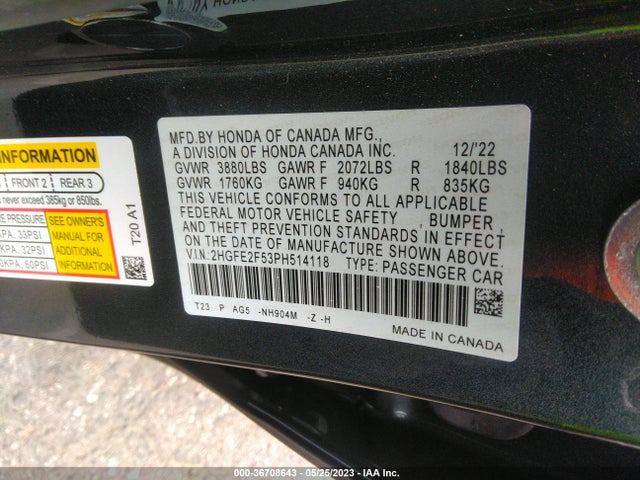 2023 HONDA CIVIC SEDAN SPORT VIN: 2HGFE2F53PH514118