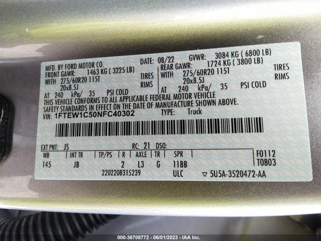 2022 FORD F-150 XL/XLT/LARIAT VIN: 1FTEW1C50NFC40302