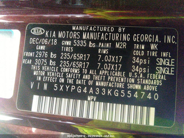 KIA SORENTO LX 2019 5XYPG4A33KG554740 Image 10