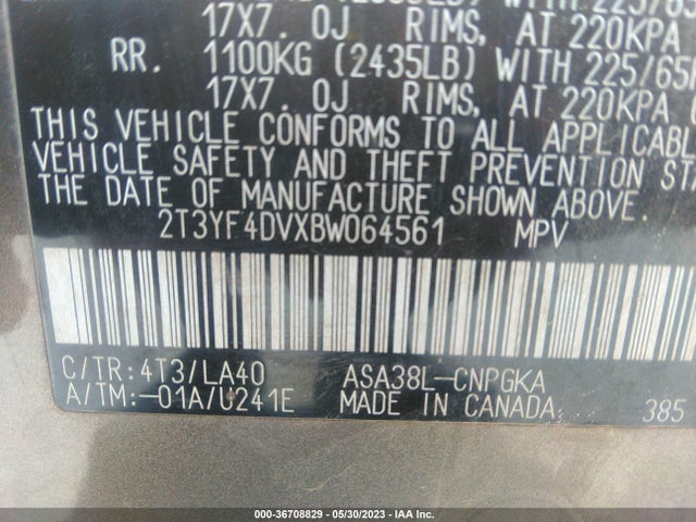 2011 TOYOTA RAV4 LTD VIN: 2T3YF4DVXBW064561