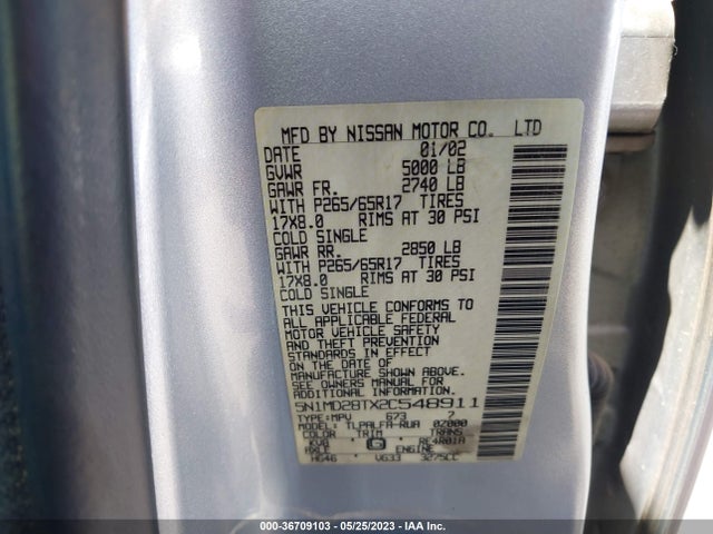 2002 NISSAN XTERRA SE SC VIN: 5N1MD28TX2C548911