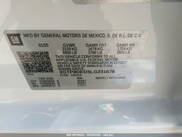 2020 GMC SIERRA 1500 SLT VIN: 3GTP8DED5LG231678