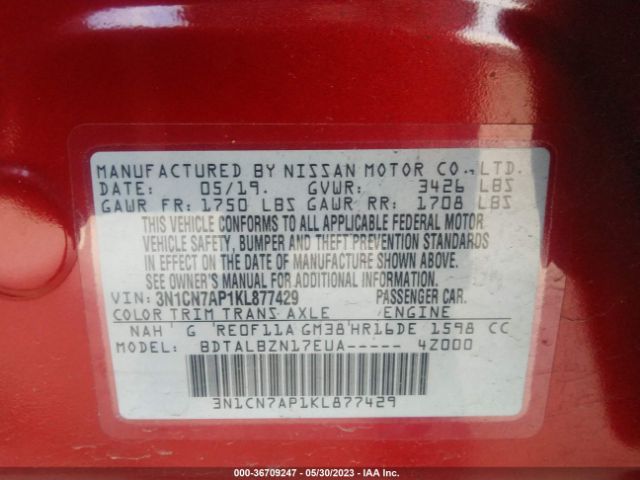 3N1CN7AP1KL877429 Nissan Versa Sedan Sv