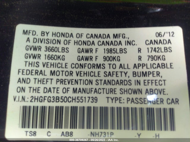 2012 HONDA CIVIC CPE LX VIN: 2HGFG3B50CH551739