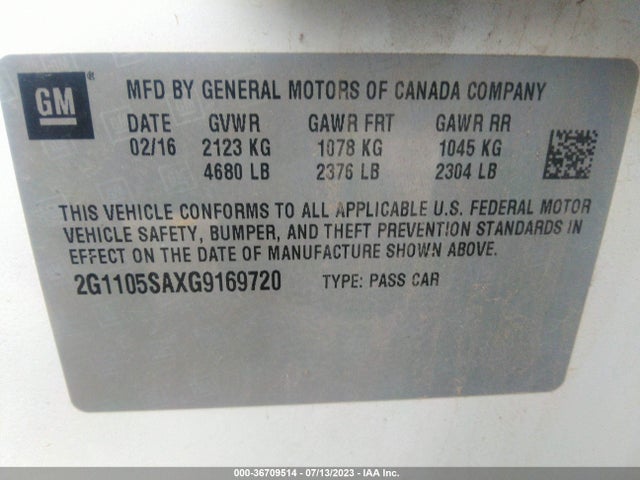 Chevrolet IMPALA LT 2016 2G1105SAXG9169720 Image 9