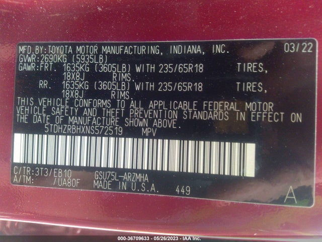 Toyota Highlander Xle 2022 5TDHZRBHXNS572519 Image 9