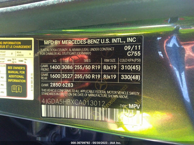 2012 MERCEDES-BENZ M-CLASS VIN: 4JGDA5HBXCA013012