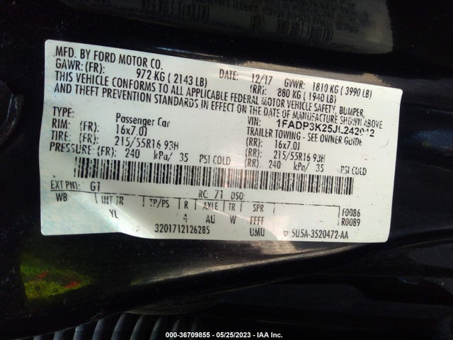 2018 FORD FOCUS SE VIN: 1FADP3K25JL242012