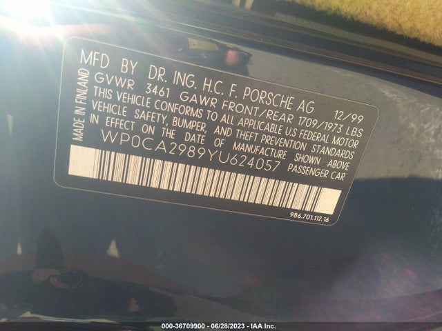Aukcja sprzedaży 2000 Porsche Boxster, vin: WP0CA2989YU624057, numer aukcji: 36709900