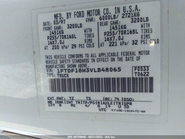 1997 FORD F-150 VIN: 1FTDF18W3VLB48065
