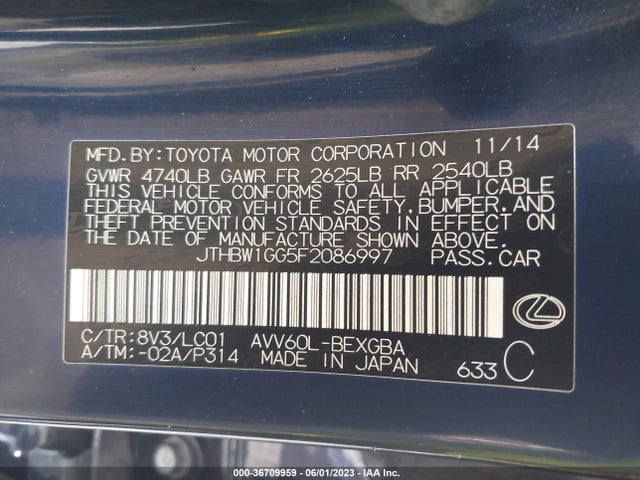 JTHBW1GG5F2086997 Lexus Es 300h Hybrid