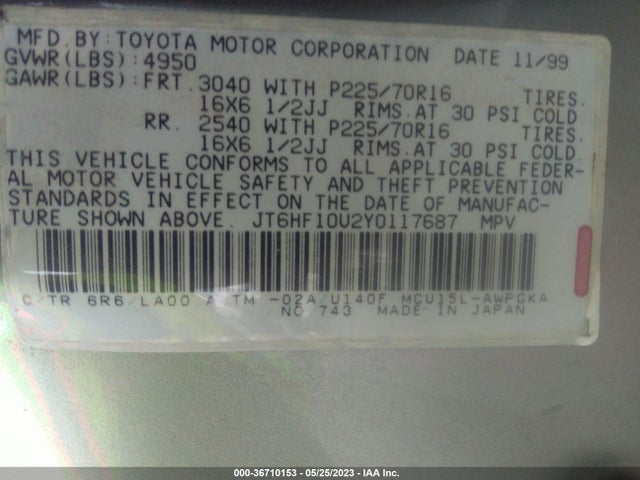 2000 LEXUS RX 300 VIN: JT6HF10U2Y0117687