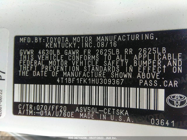 Toyota CAMRY SE 2017 4T1BF1FK1HU309367 Image 10