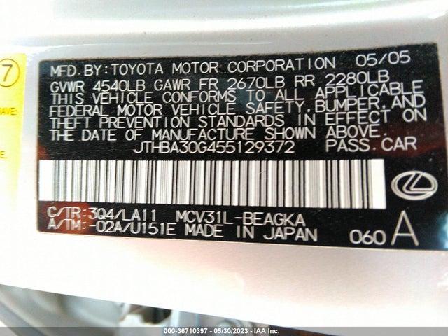 2005 LEXUS ES 330 VIN: JTHBA30G455129372