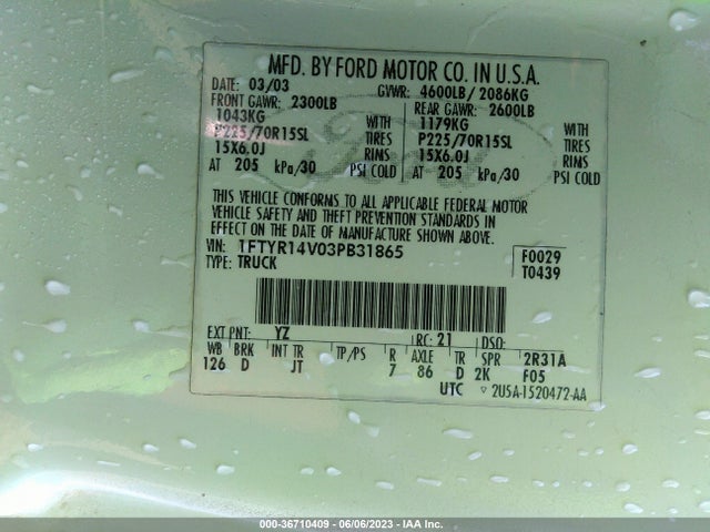 2003 FORD RANGER XL/XLT VIN: 1FTYR14V03PB31865