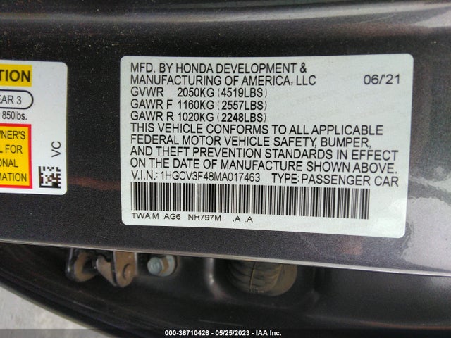 2021 HONDA ACCORD HYBRID EX VIN: 1HGCV3F48MA017463