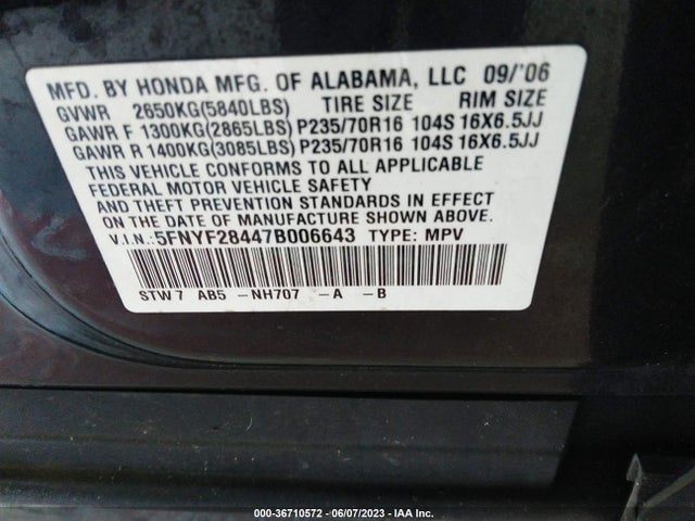 2007 HONDA PILOT EX VIN: 5FNYF28447B006643