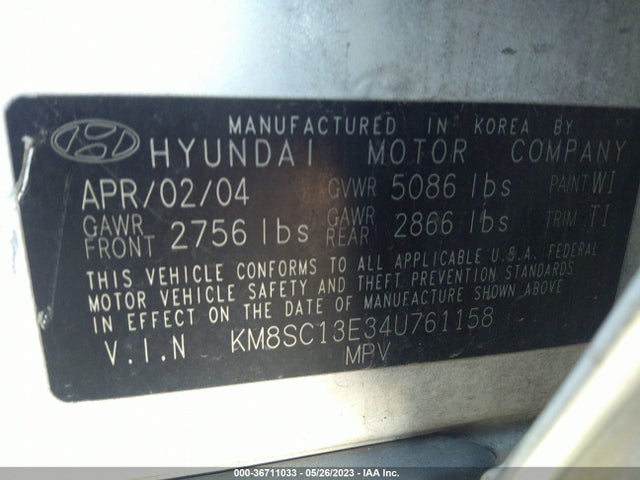 2004 HYUNDAI SANTA FE GLS/LX VIN: KM8SC13E34U761158