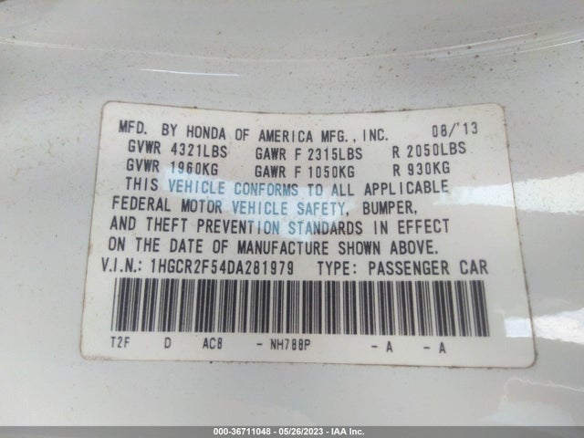 2013 HONDA ACCORD SDN SPORT VIN: 1HGCR2F54DA281979