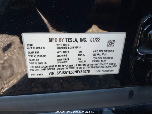 Tesla MODEL S 2022 5YJSA1E50NF469078 Image 9