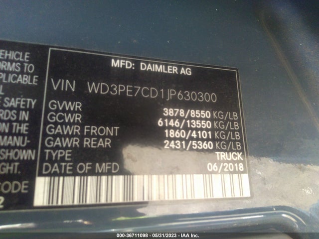 2018 MERCEDES-BENZ SPRINTER CARGO VAN VIN: WD3PE7CD1JP630300
