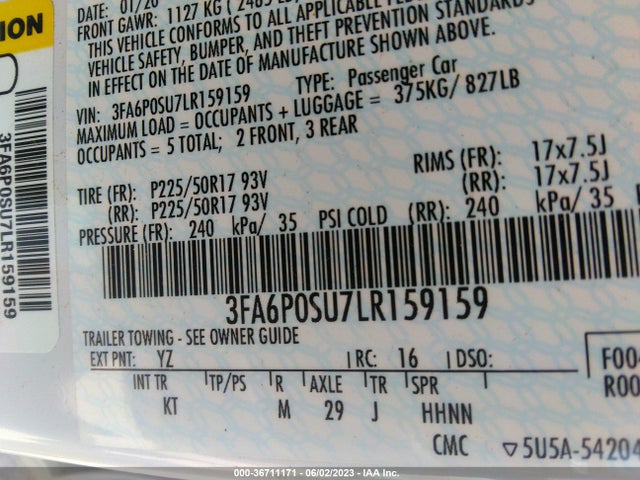 2020 Ford Fusion, VIN: 3FA6P0SU7LR159159