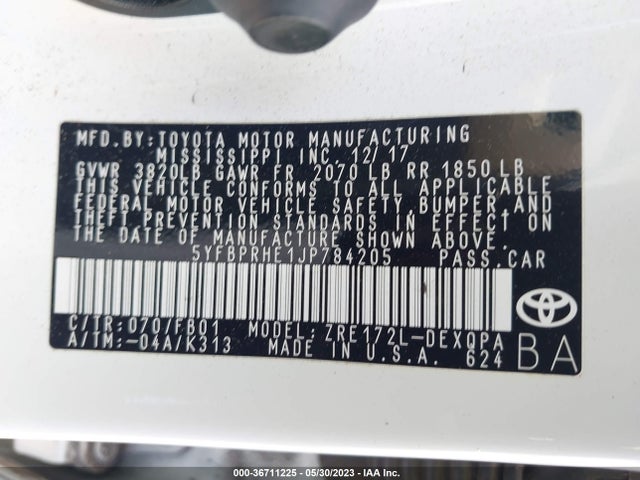 2018 TOYOTA COROLLA LE ECO VIN: 5YFBPRHE1JP784205