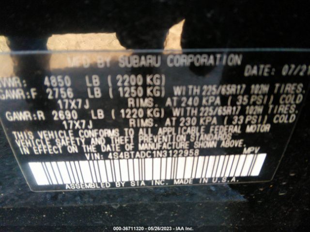 4S4BTADC1N3122958 Subaru Outback Premium