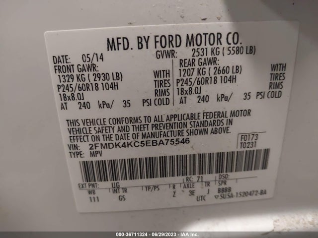 2014 FORD EDGE LIMITED VIN: 2FMDK4KC5EBA75546
