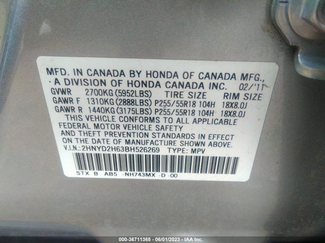 2011 Acura Mdx Tech Pkg მანქანა იყიდება აუქციონზე, vin: 2HNYD2H63BH526269, აუქციონის ნომერი: 36711368