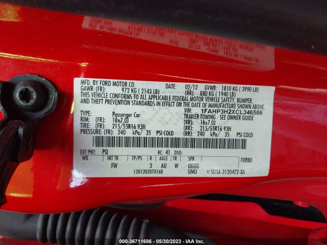 2012 FORD FOCUS SEL VIN: 1FAHP3H2XCL346586